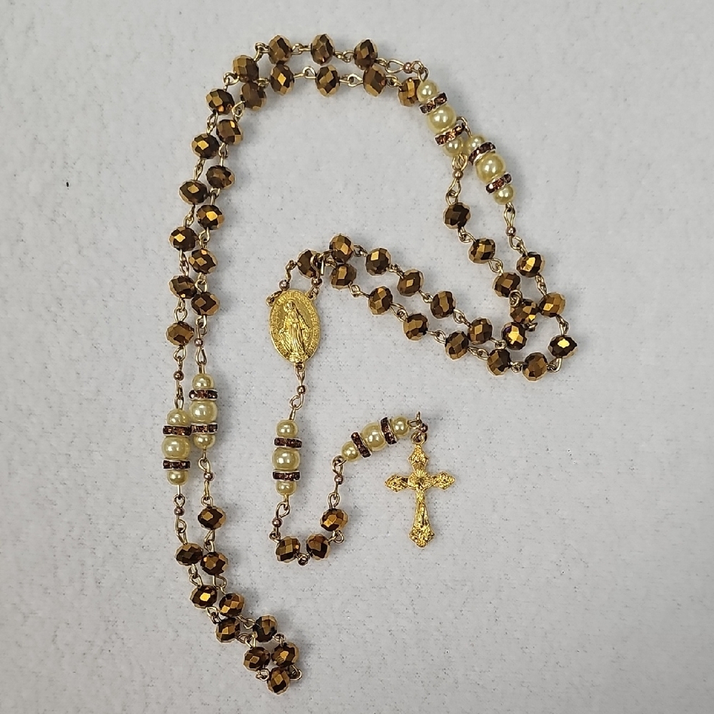 Gold and Brown Rosary Necklace with Pearl Accent - Unbranded